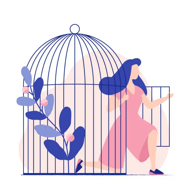 Vector illustration of Young woman comes out of the birdcage. Woman becomes free. Freedom.