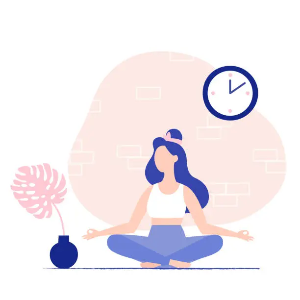 Vector illustration of Woman meditating at home. Meditation pose.