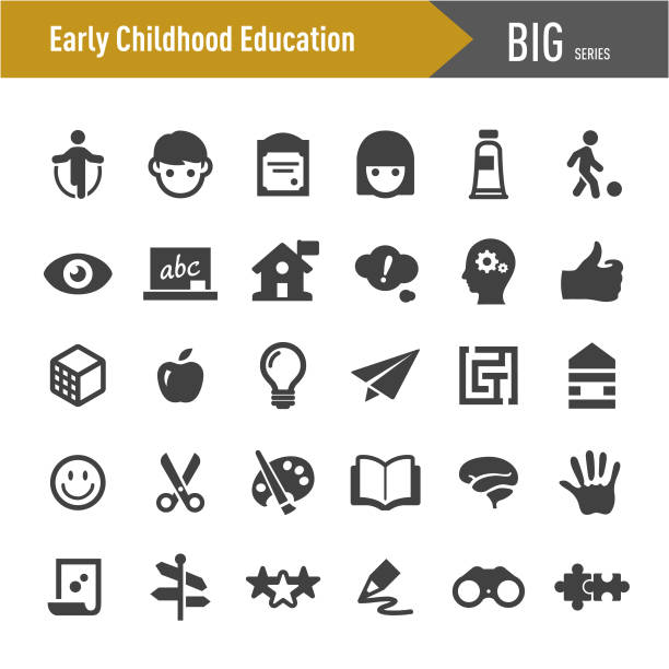 illustrations, cliparts, dessins animés et icônes de icônes de l'éducation de la petite enfance - grande série - blackboard child thinking little girls