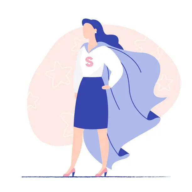 Vector illustration of Young woman business lady wearing super hero cloak. Woman power, lady business, brave woman.