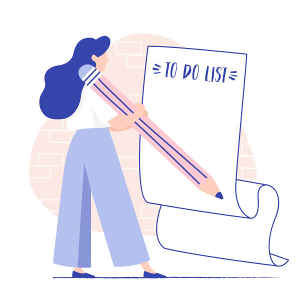 Young woman filling long paper note with to do list and giant pencil. Planning, Project Management, Brainstorming. Flat vector editable illustration. pencil illustrations stock illustrations