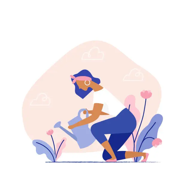 Vector illustration of Young woman watering a plant. Female character gardening plants on the backyard. Summer gardening, farmer gardener.