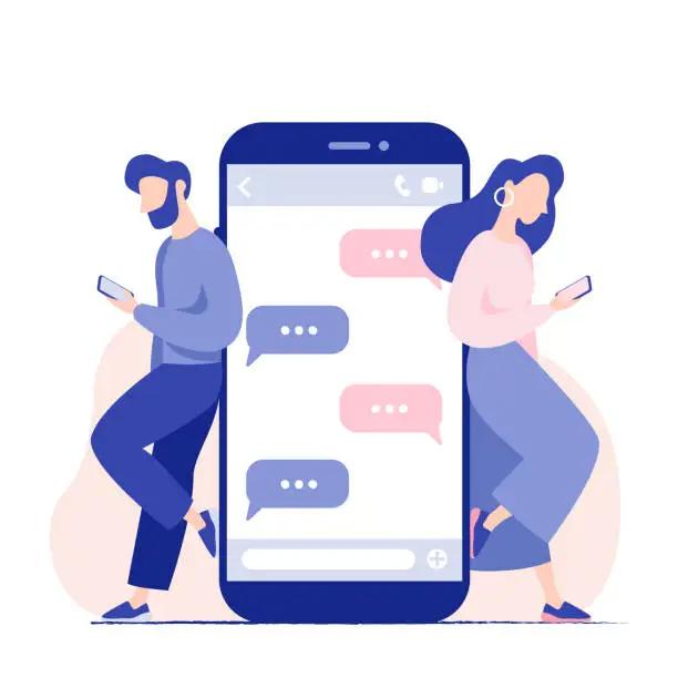 Vector illustration of Chat talk of young people with smartphones. Man and woman standing near big mobile phone with speech bubbles in chat. Virtual relationship, millennials.