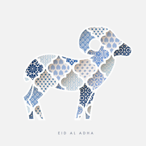 Greeting card, invitation with silhouette of ornamental sheep. Blue Moroccan, arab pattern tiles fill.  Eid al Adha holiday, muslim community festival of sacrifice. Vector illustration background. Greeting card, invitation with silhouette of ornamental sheep. Blue Moroccan, arab pattern tiles fill.  Eid al Adha holiday, muslim community festival of sacrifice. Vector illustration background. eid adha stock illustrations