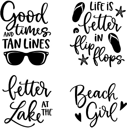 Summer lettering set. Black hand lettered quotes with shells, flip flops and sunglasses. For greeting cards, t-shirts. Typography collection. Vacation, beach and sea concept. Isolated vectors.