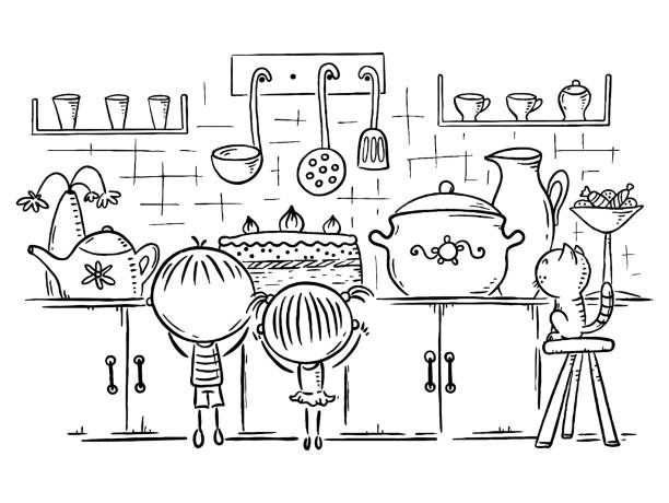 Kids Are Attracted By The Cake In The Kitchen Outline Cartoon Drawing Stock  Illustration - Download Image Now - iStock