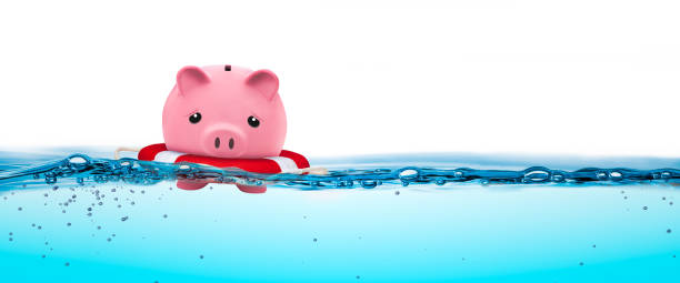 piggy bank in life-ring - debt usa crisis finance imagens e fotografias de stock