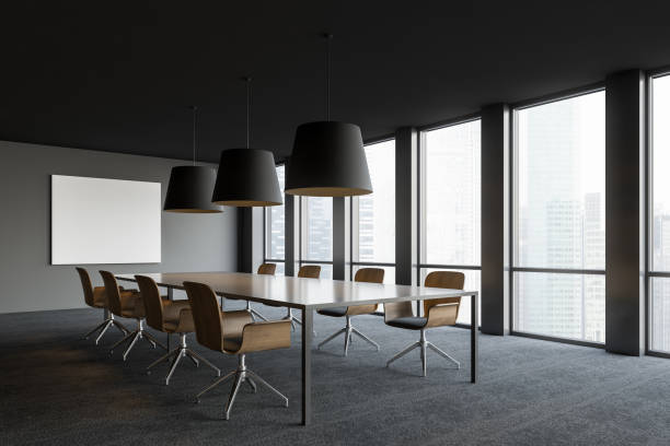 istock Modern conference room interior with window and city view 1160025454