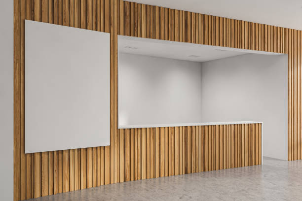 istock Wooden office lobby with reception and poster 1160025471