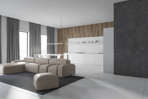 istock Wooden and white living room and kitchen corner 1160025951
