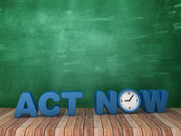 istock 3D Word ACT NOW with Clock on Chalkboard Background - 3D Rendering 1160027344