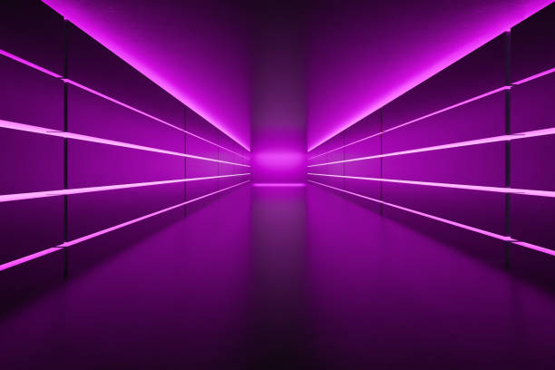 istock Futuristic empty corridor with purple neon lights 1160027376