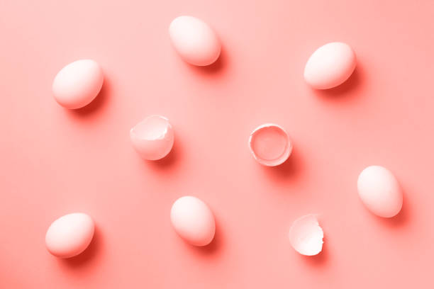 istock Food concept with white chicken eggs on pastel coral background. Top view. Creative pattern in minimal style. Trendy coral color of year 2019. Flat lay. 1160028189