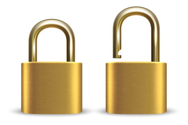 вектор 3d реалистичный закрытый и открытый метал�л золотой padlock икона установить крупным планом изолированы на белом фоне. шаблон дизайна зо� - unlocked padlock stock illustrations