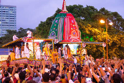 KOLKATA, WEST BENGAL , INDIA - JULY 4th 2019 : Rath (chariot) of God Jagannath, Balaram and Goddess Suvadra at Kolkata Maidan area . Iskcon 48th Jagannath rath yatra festival in Kolkata.