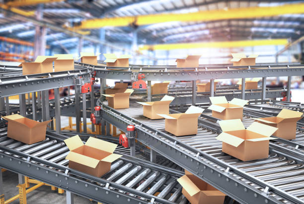 istock Conveyors with cardboard boxes on white background. 3d illustration 1160031068