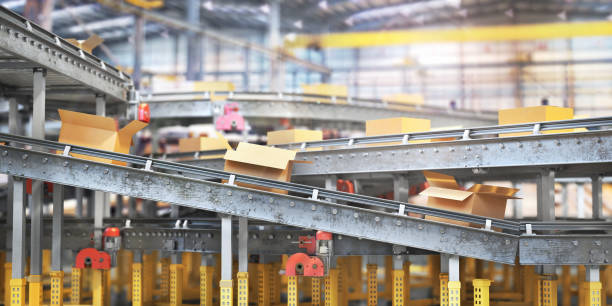 istock Conveyors with cardboard boxes on white background. 3d illustration 1160031194