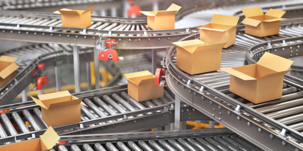 istock Conveyors with cardboard boxes on white background. 3d illustration 1160031207