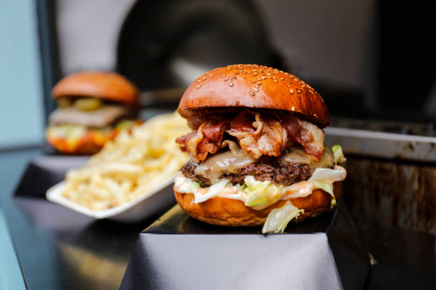 istock Freshly flame grilled burger displayed at Borough Market, London 1160034631