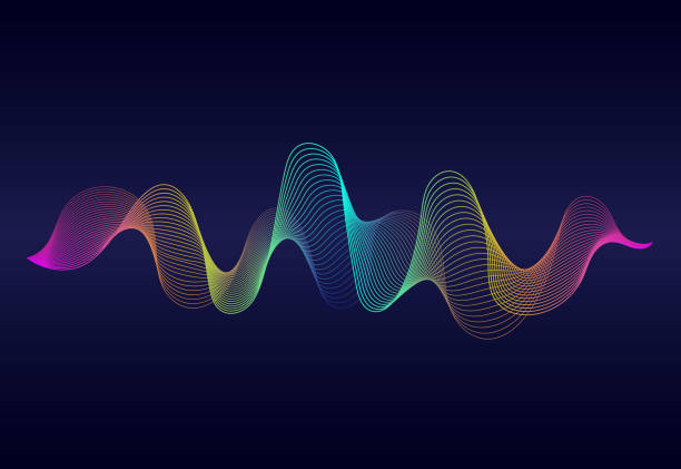 абстрактные волнистые линии поверхности с цветом радуги на темно-синем фоне. звуковая волна градиентных линий. современный цифровой часто� - arrow sign audio stock illustrations