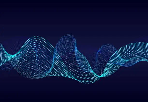 Vector illustration of Abstract  wavy particles surface on dark blue background. Soundwave of gradient lines. Modern digital frequency  equalizer on abstract background. vector eps10