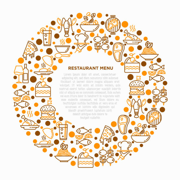 ilustrações de stock, clip art, desenhos animados e ícones de restaurant menu concept in circle with thin line icons: starters, chef dish, bbq, soup, beef, steak, beverage, fish, salad, pizza, wine, seafood, burger. vector illustration for print media, banner. - chef appetizer soup food