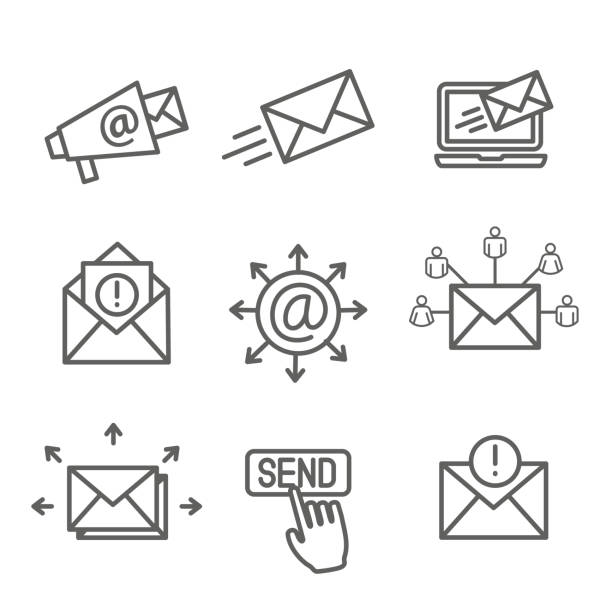 ilustraciones, imágenes clip art, dibujos animados e iconos de stock de icono de campañas de marketing por correo electrónico establecido con lista de correo electrónico, anuncio, botón de envío - e mail technology @ backgrounds