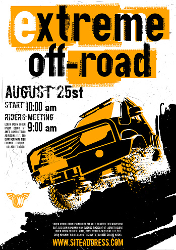 Motorsport event poster. Extreme off-road adventure. Grunge style. Vertical vector illustration with unique lettering in white, yellow and black colors useful for advert, print, flayer design.