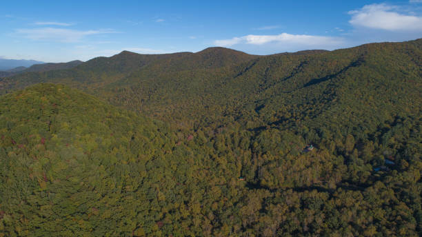 aerial drone krajobraz fotografia scenic piękne idylliczne tła colorful forest environment north carolina mountains mountain range panorama blue sky rozproszone chmury na zewnątrz - mountain mountain range north carolina blue zdjęcia i obrazy z banku zdjęć