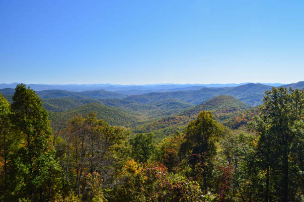 herbst fotografie schöne panorama herbst szene mills river valley overlook observation tourist area vista blue ridge mountains appalachian trail blue ridge parkway candler north carolina - blue ridge mountains appalachian mountains appalachian trail forest stock-fotos und bilder