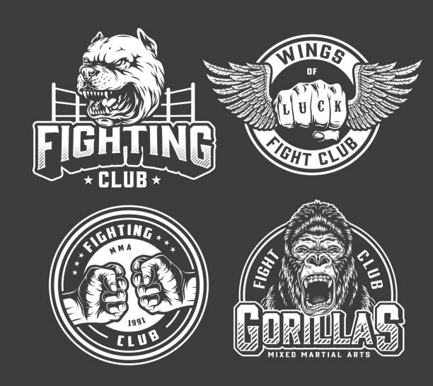 Monochrome vintage fighting logos Monochrome vintage fighting logos with bumping and winged male fists boxing ring aggressive gorilla and dog heads isolated vector illustration wrestling logo stock illustrations