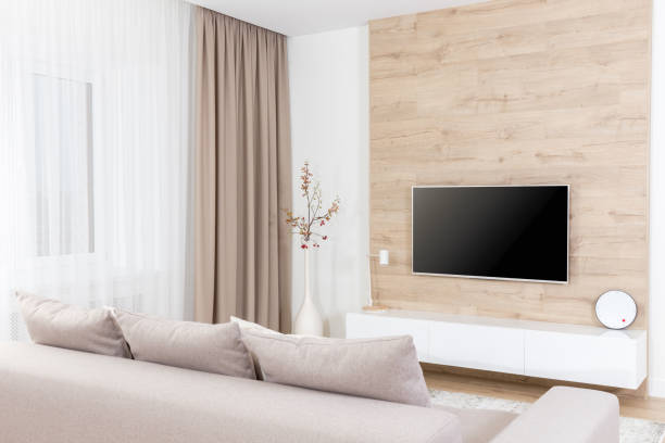 istock Modern light living room with tv equipment 1160039431
