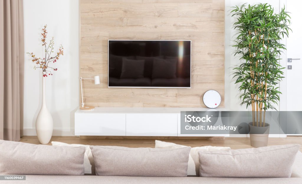Modern light living room with tv equipment Modern living room with tv equipment and sofa Television Set Stock Photo