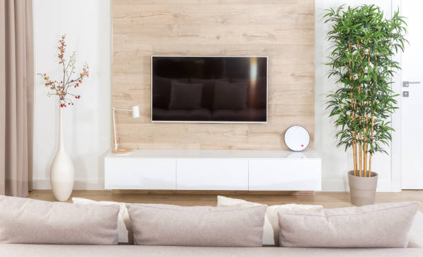 Modern light living room with tv equipment Modern living room with tv equipment and sofa stereo photos stock pictures, royalty-free photos & images