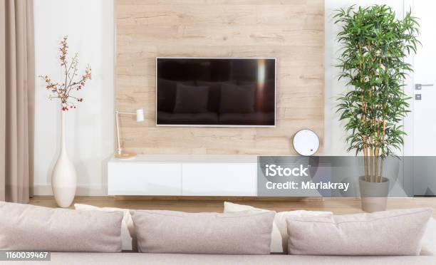 Modern Light Living Room With Tv Equipment Stock Photo - Download Image Now - Television Set, Living Room, Wall - Building Feature
