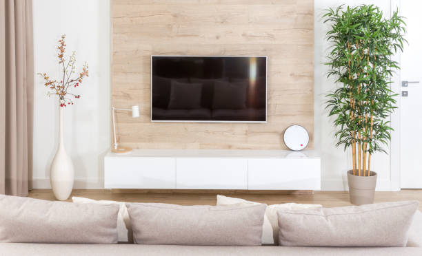 modern light living room with tv equipment - flat screen audio imagens e fotografias de stock