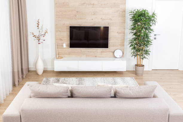 istock Modern light living room with tv equipment 1160039528