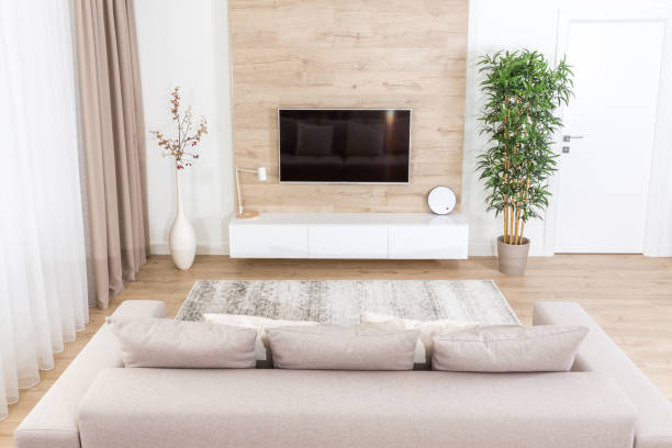 istock Modern light living room with tv equipment 1160039576