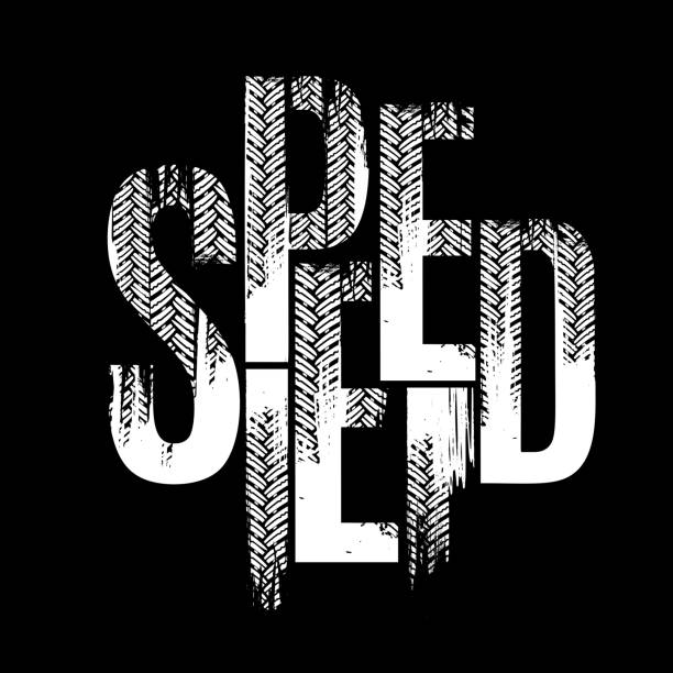 Tire Lettering Image Speed. Off-Road grunge moto sport lettering. Tire tracks words from unique letters. Beautiful vector illustration. Editable graphic element in white color isolated on black background 4 wheel motorbike stock illustrations