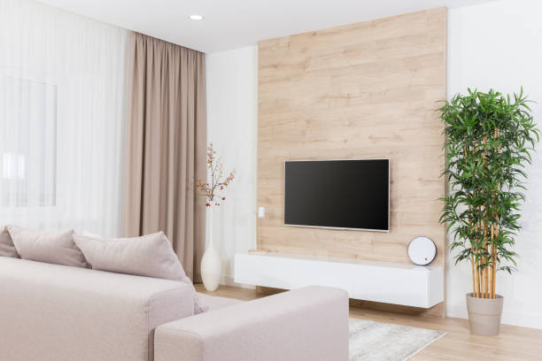 modern light living room with tv equipment - flat screen audio imagens e fotografias de stock