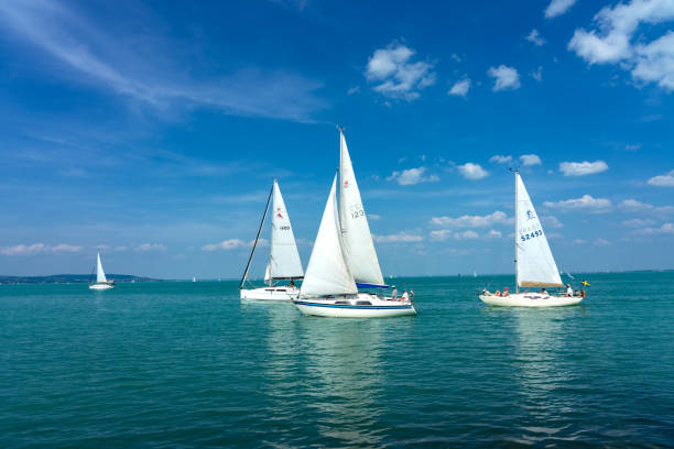 barche a vela sul lago blu balaton ungheria - canal sea journey romance foto e immagini stock