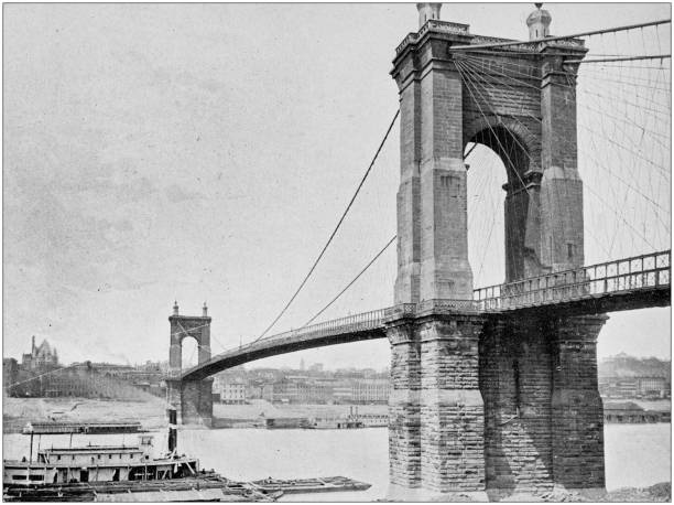 istock Antique black and white photo of Cincinnati, Ohio: Suspension Bridge 1160041044