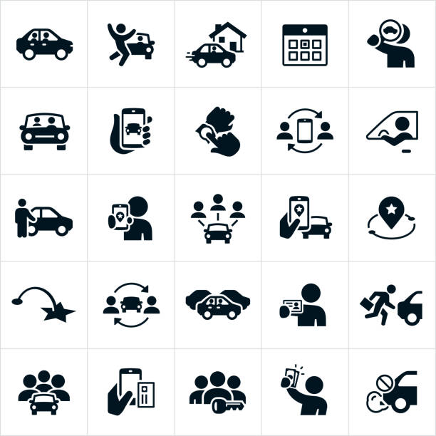 ilustraciones, imágenes clip art, dibujos animados e iconos de stock de iconos de ridesharing y carpooling - car pooling