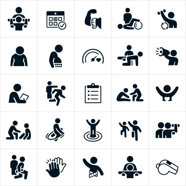 Personal Trainer Icons A set of personal training icons. The icons include several personal trainers working with clients. They include personal trainers assisting clients in lifting weights and creating fitness plans. They also include fitness goals, weight lifting, running, exercising, stretching, jump roping, aerobics, lunges, a high five and whistle to name a few. personal trainer stock illustrations