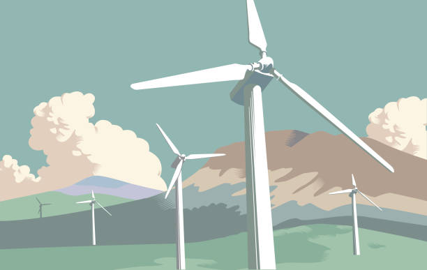 Wind Turbine Farm in Countryside Wind Turbine Farm in Countryside in traditional cross hatch style wind farm sea stock illustrations