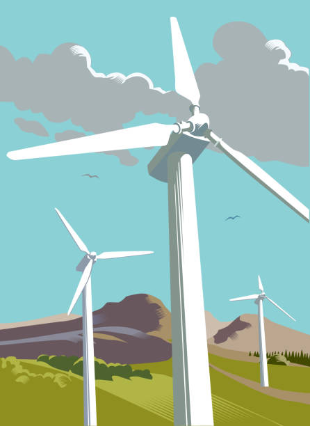 Wind Turbine Farm in Countryside Wind Turbine Farm in Countryside in traditional cross hatch style wind farm sea stock illustrations