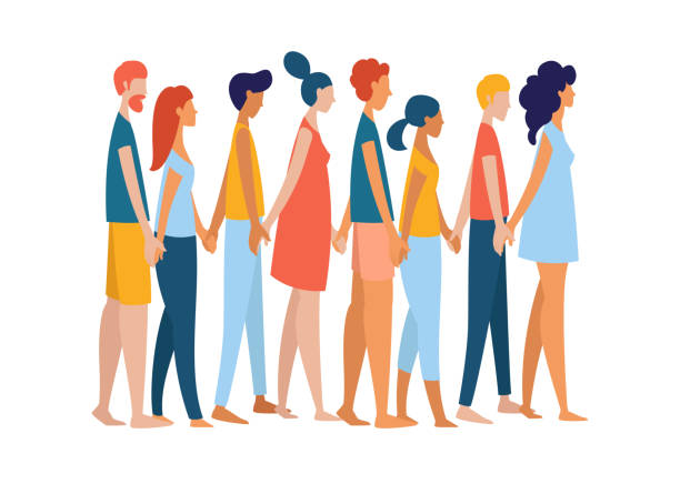 Different multiethnic women and men group crowd holding hands together Different multiethnic women and men group crowd holding hands together. Multiethnic gruop of people. Rainbow colored pattern, border, frame vector illustration poster flat style polygamy stock illustrations