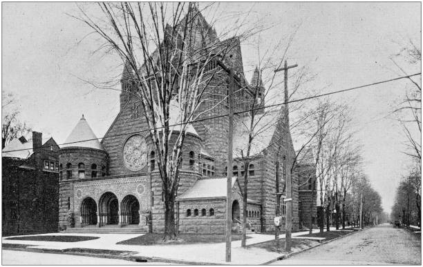 Antique black and white photo of Detroit, Michigan: Woodward Avenue Congregational Church Antique black and white photo of Detroit, Michigan: Woodward Avenue Congregational Church woodward stock illustrations