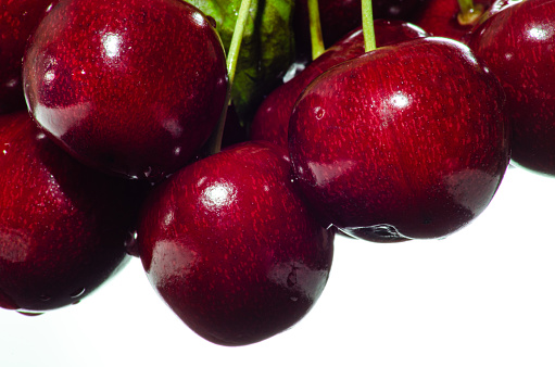 A branch of ripe sweet cherry on a white background. Macro.