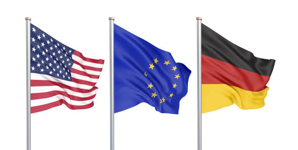istock Three colored silky flags in the wind: USA (United States of America), EU (European Union) and Germany isolated on white. 3D illustration. 1160046347